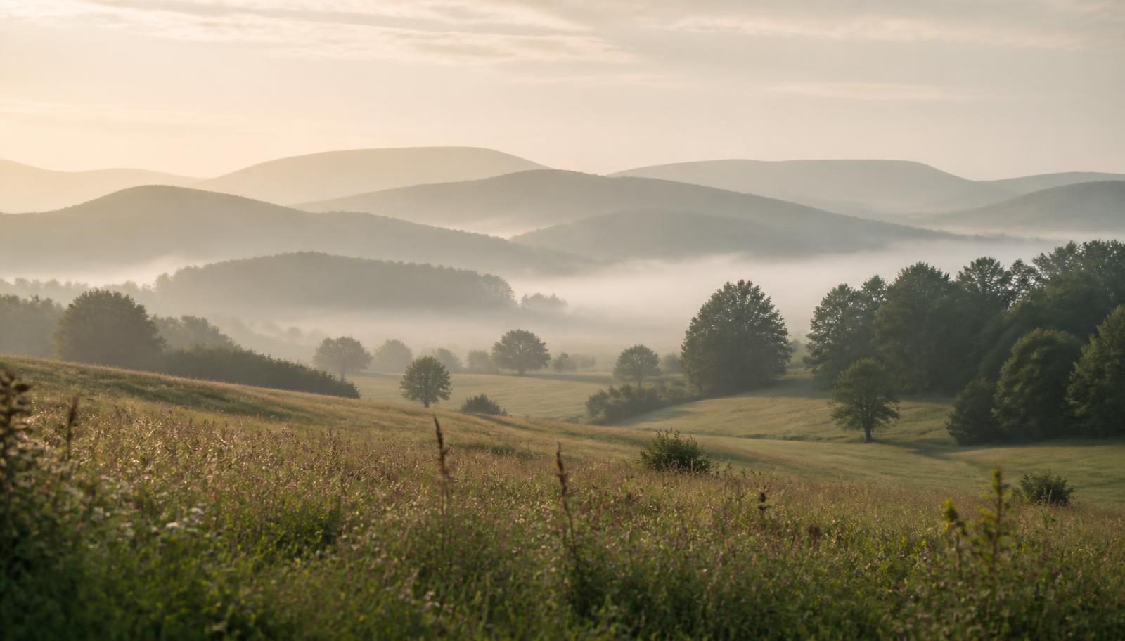 Nebelverhangene Wiesenlandschaft in der Steiermark bei Sonnenaufgang